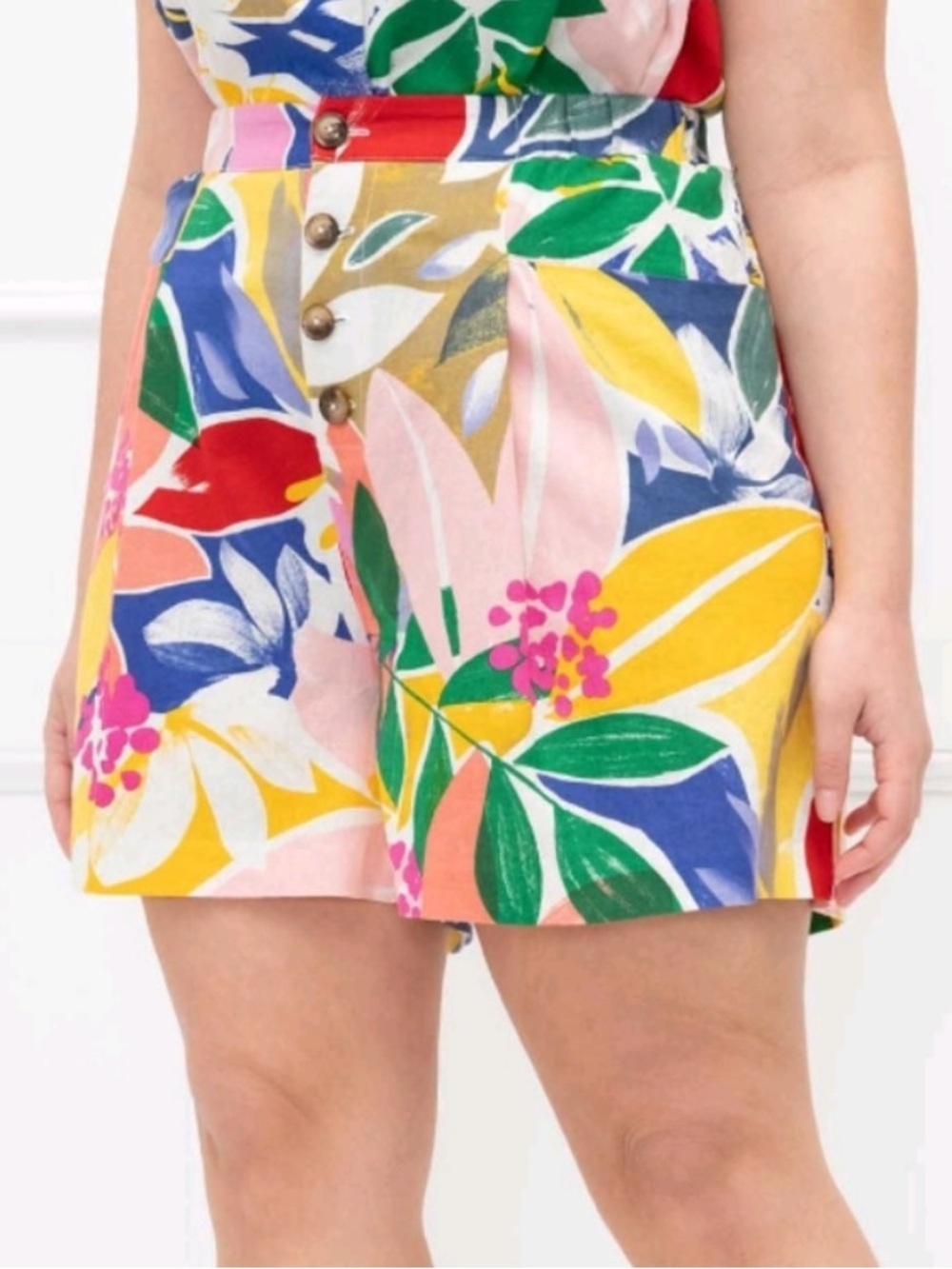 ELOQUII Boho Abstract Floral Print Colorful Lagenlook Linen Blend Summer Shorts